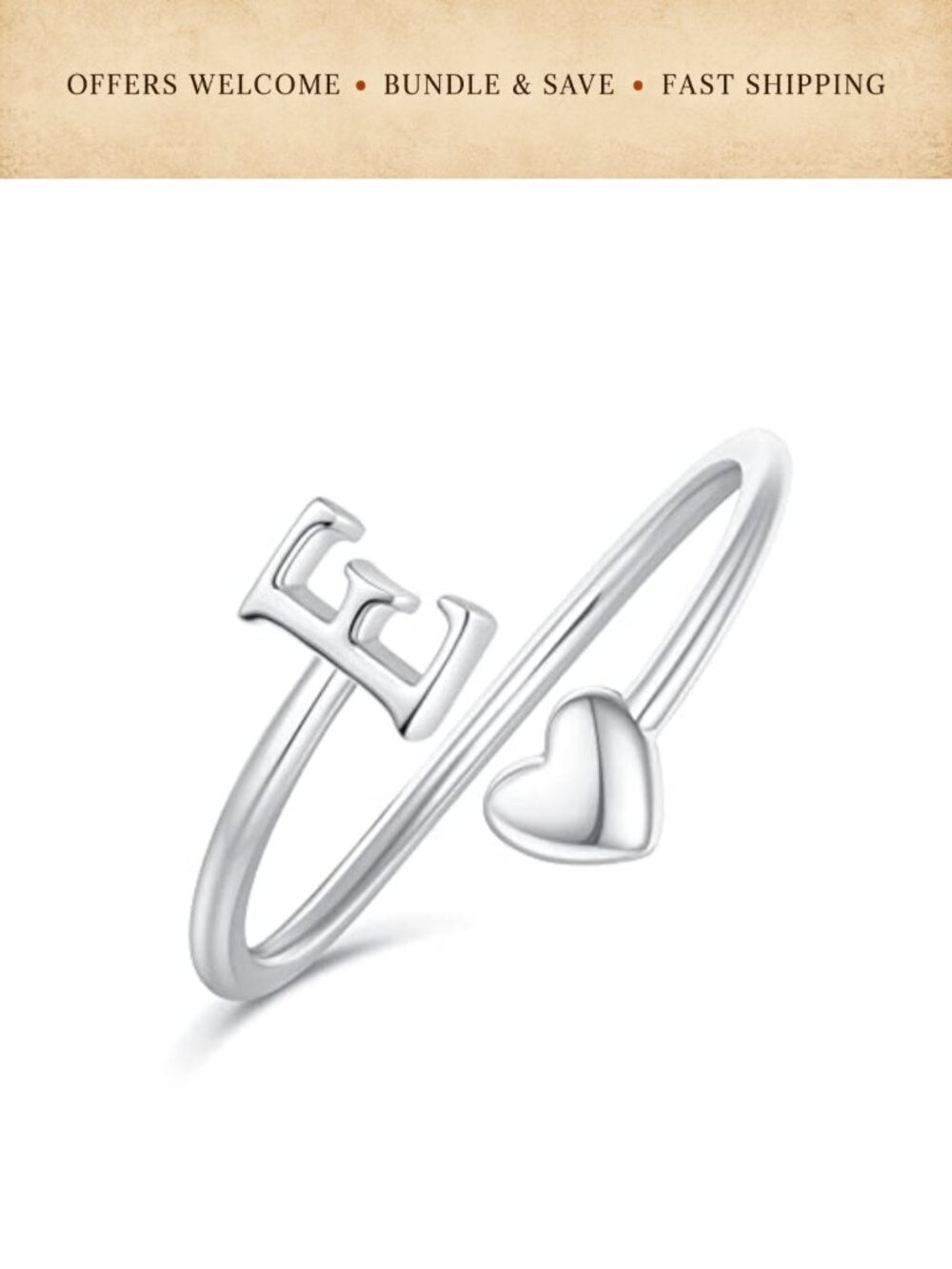 Heart Initial Open Ring White Gold Plated Brass Adjustable Stackable